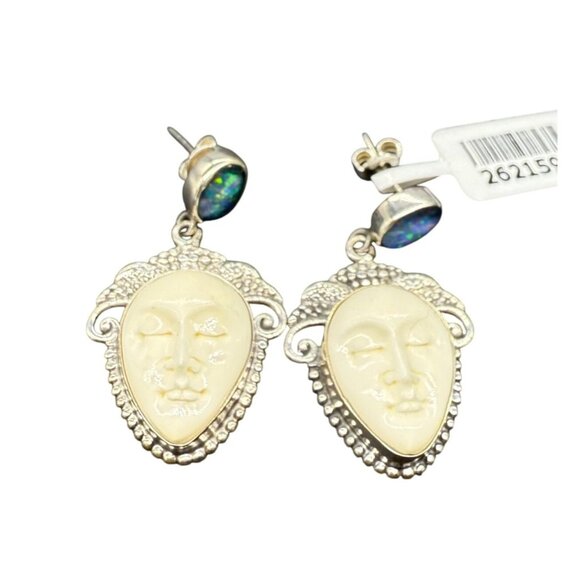 Sterling Silver 925 Opal & Face Carved Drop Dangle Earrings - Picture 1 of 7